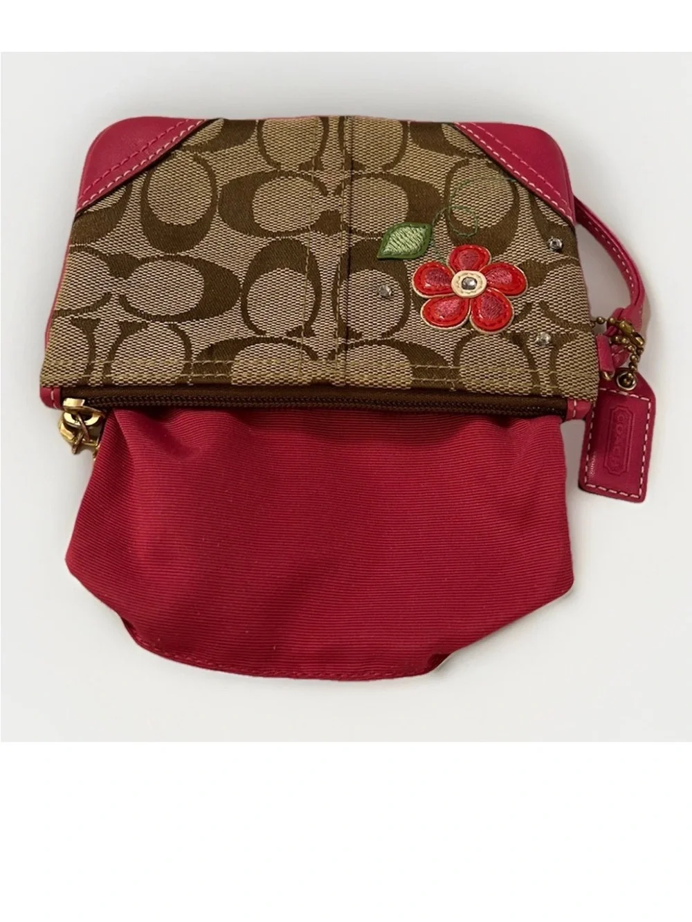 Coach Wristlet Signature Canvas,Hot Pink Leather Trim, Floral Appliqué, Crystals